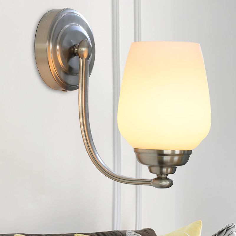 Contemporary Cup Wall Lamp Milk Glass 1 Head Sconce Light Fixture in Nickel for Stairway