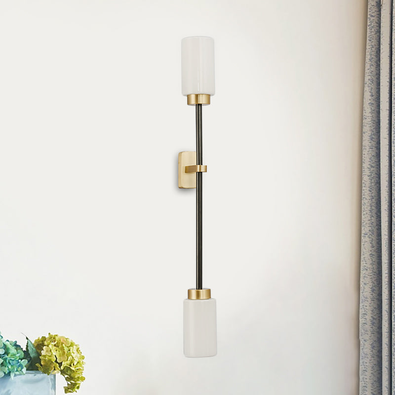 2 Heads Living Room Sconce Light Modernism Gold Wall Mount Lamp with Tube White Glass Shade