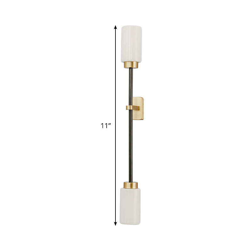 2 Heads Living Room Sconce Light Modernism Gold Wall Mount Lamp with Tube White Glass Shade