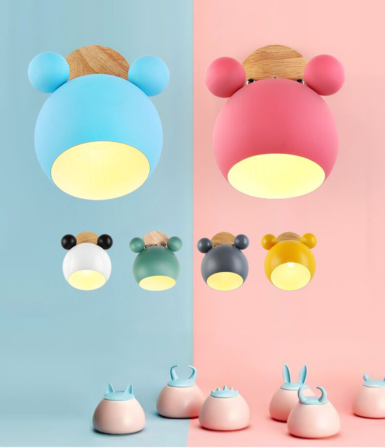 Modern Creative Globe Wall Lamp Wooden Macaron Wall Light with Wrought Iron Shade