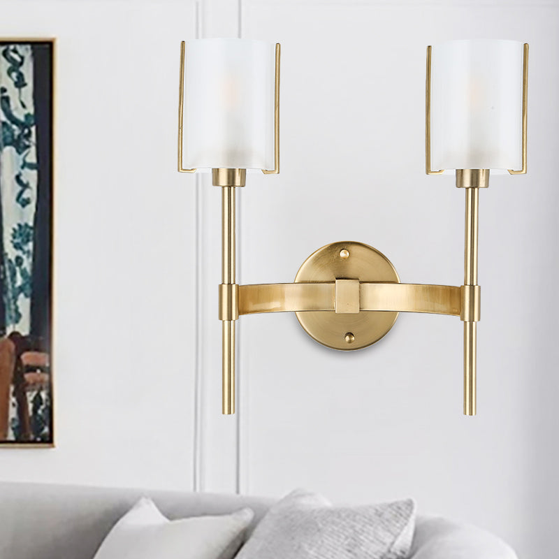 Gold Armed Wall Lighting Modern 2 Bulbs Metal Sconce Light Fixture with White Glass Shade