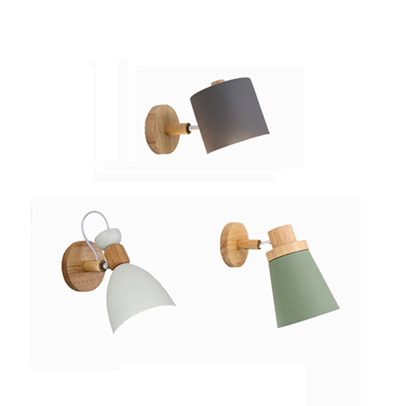 Luz de pared individual geométrica de macarrón en una lámpara de pared de madera de simplicidad moderna con sombra de hierro forjado