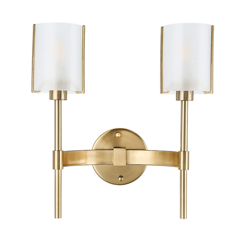 Gold Armed Wall Lighting Modern 2 Bulbs Metal Sconce Light Fixture with White Glass Shade