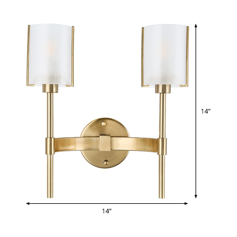 Gold Armed Wall Lighting Modern 2 Bulbs Metal Sconce Light Fixture with White Glass Shade