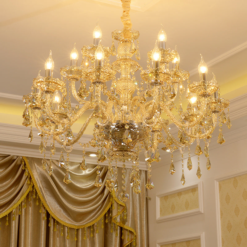 Gold Candle Pendant Light in Traditional Classic Style Glass Chandelier with Crystal Decoration