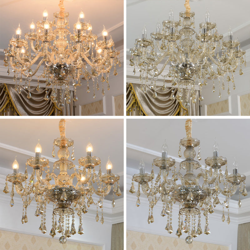 Gold Candle Pendant Light in Traditional Classic Style Glass Chandelier with Crystal Decoration