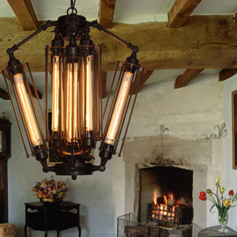 Black 8-Light Pendant Light in Industrial Retro Style Wrought Iron Linear Hanging Lamp