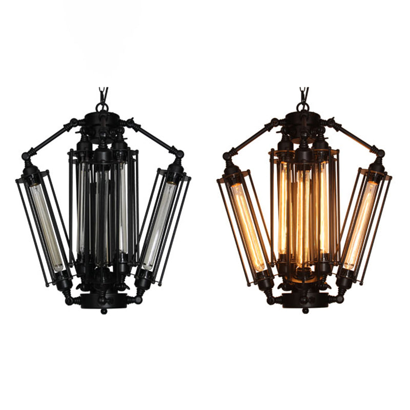 Black 8-Light Pendant Light in Industrial Retro Style Wrought Iron Linear Hanging Lamp