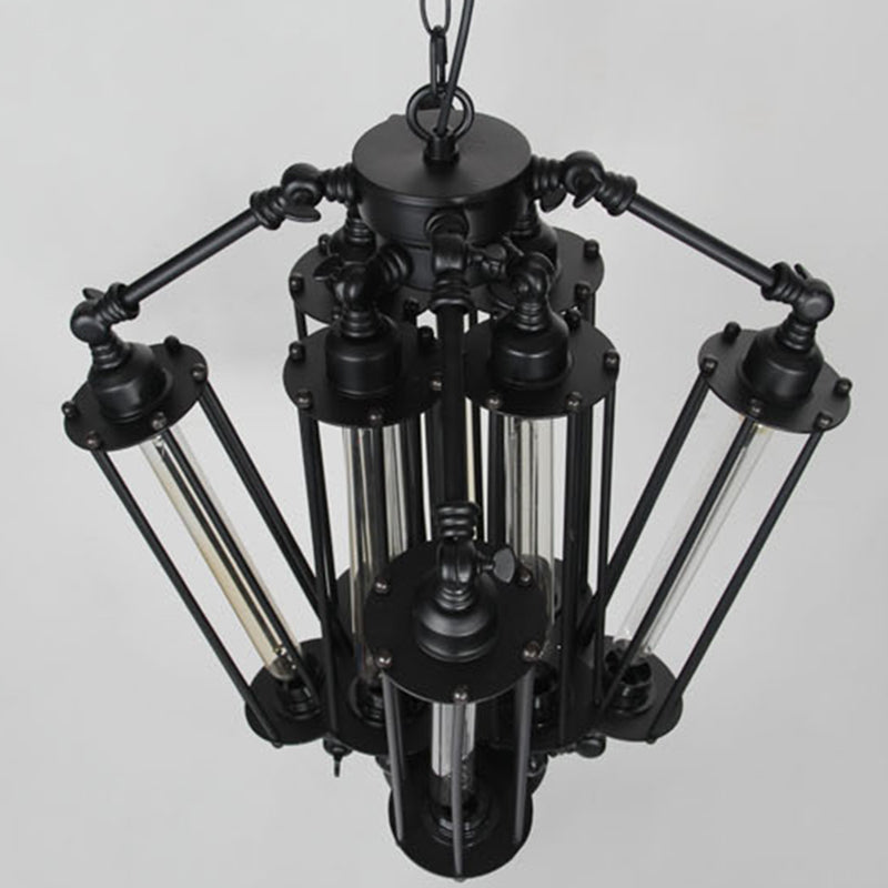 Black 8-Light Pendant Light in Industrial Retro Style Wrought Iron Linear Hanging Lamp
