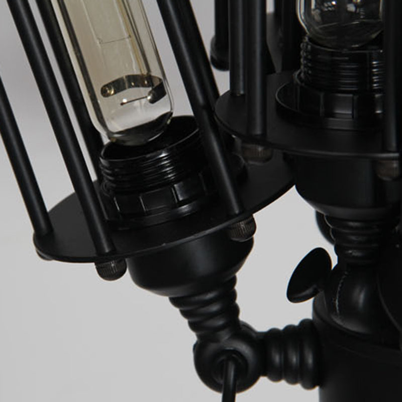 Black 8-Light Pendant Light in Industrial Retro Style Wrought Iron Linear Hanging Lamp