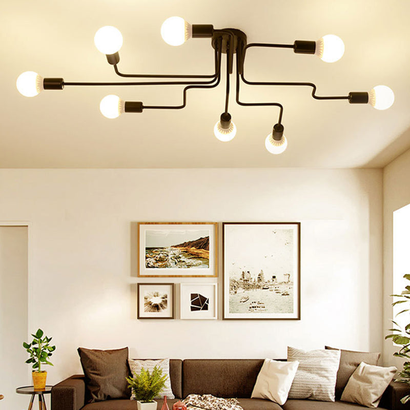 Black Sputnik Semi Flush Monte en estilo de techo de hierro forjado de estilo retro industrial para sala de estar