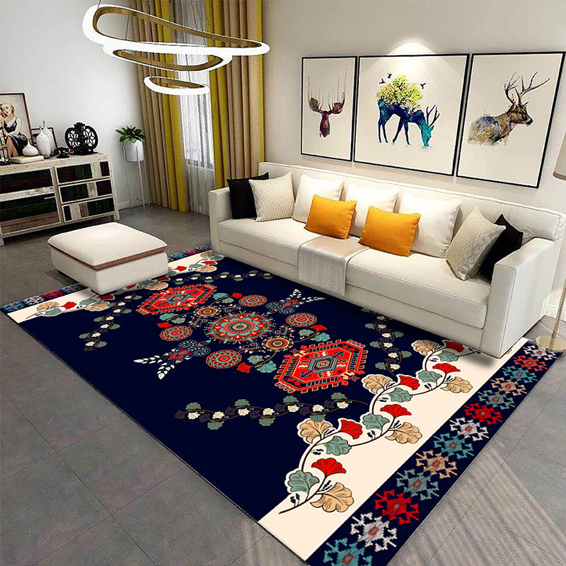 Morocco Tribal Pattern Area Carpet Blue Polyester Area Rug Stain Resistant Rug for Home Decor