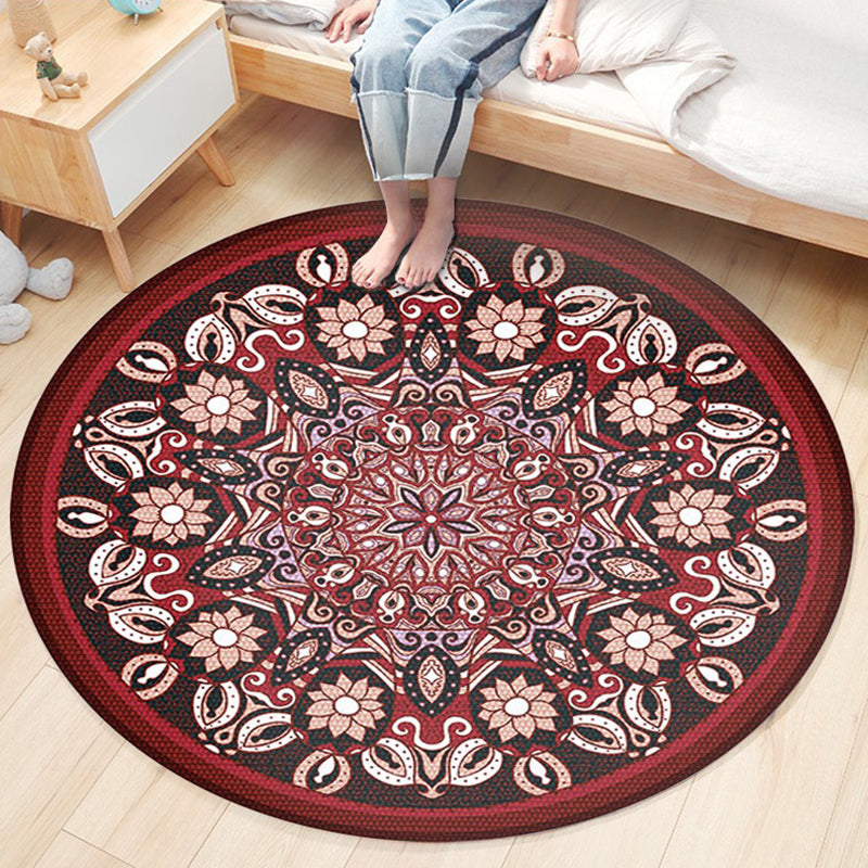 Bohemian Americana Pattern Area Rug Red Polyester Area Carpet Stain Resistant Rug for Home Decor