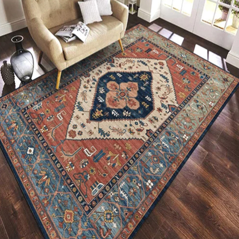 Blue Living Room Crapet Morocco Tribal Pattern Area Rug Polyester Non-Slip Backing Rug