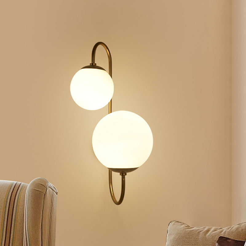2 Bulbs Armed Sconce Contemporary Metal Wall Lighting Fixture in Gold with Ball Opal Glass Shade