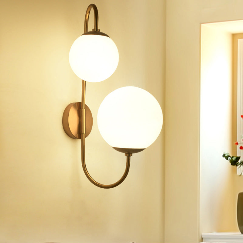 2 Bulbs Armed Sconce Contemporary Metal Wall Lighting Fixture in Gold with Ball Opal Glass Shade