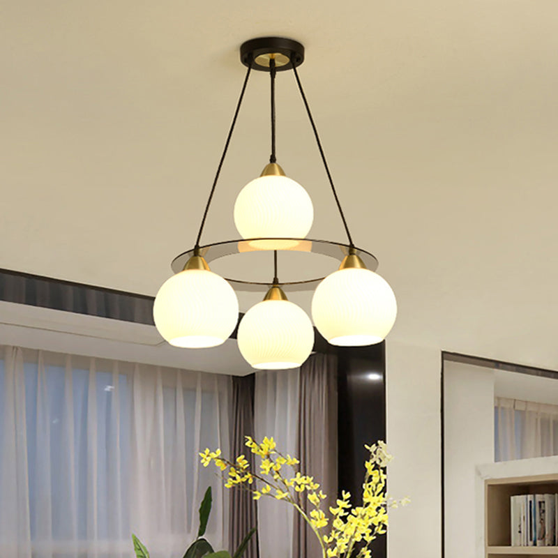 Modern 4 Heads Chandelier Light Black and Gold Spherical Ceiling Suspension Lamp with Opal Glass Shade