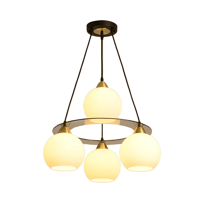 Modern 4 Heads Chandelier Light Black and Gold Spherical Ceiling Suspension Lamp with Opal Glass Shade