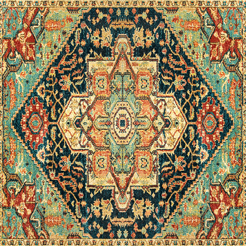 Alfombra de estampado étnico cuadrado alfombra resistente a manchas de poliéster retro de alfombra multicolor para sala de estar