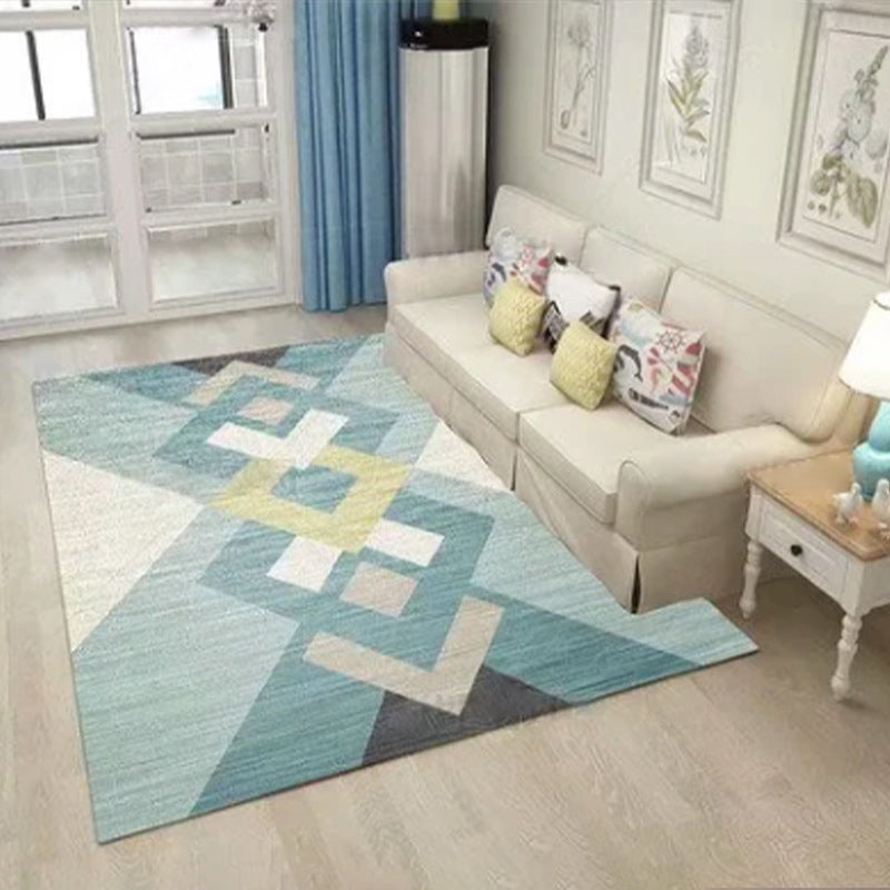 Modern Geometric Pattern Carpet Blue Polyester Area Rug Non-Slip Backing Rug for Home Decor