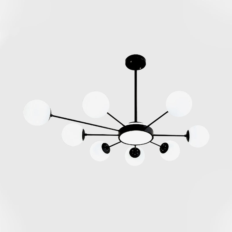 White Glass Round Chandelier Lighting Modernism 8 Heads Pendant Light Fixture in Black