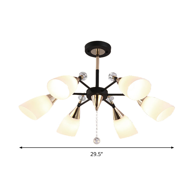 Flared Ceiling Chandelier Contemporary White Glass 6 Bulbs Hanging Light Fixture in Black