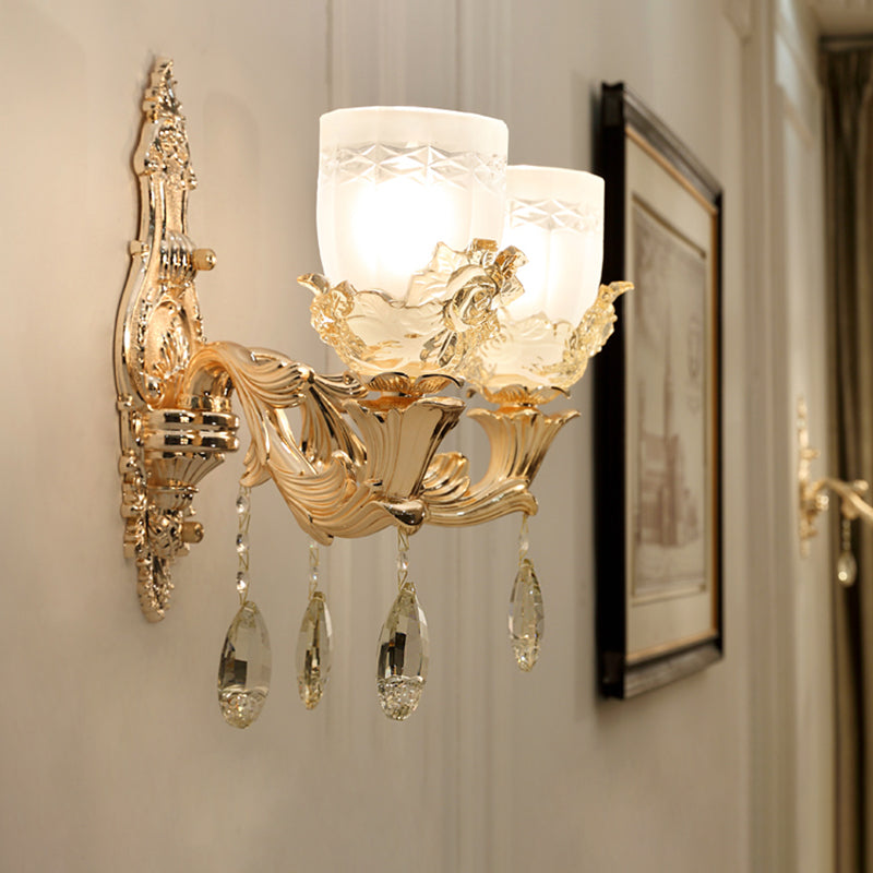 White Glass Bowl Wall Mounted Lamp Vintage 1/2 Heads Living Room LED Sconce Light Fixture in Gold with Crystal Draping