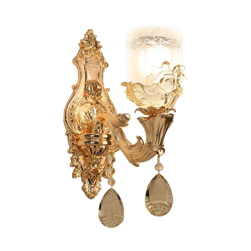 Lámpara de pared de tazón de vidrio blanco vintage 1/2 cabezas de sala de estar LED LIGHTIVE en oro con cortinas de cristal