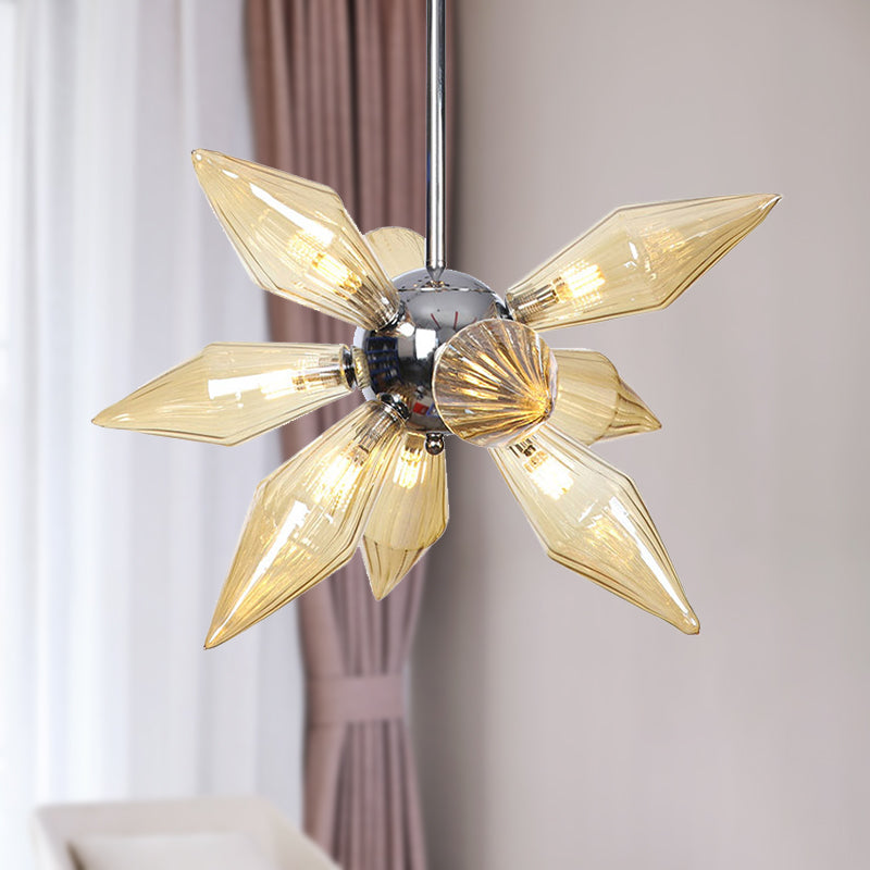 Tapered Pendant Chandelier Modernist Amber Ribbed Glass 9 Heads Dining Room Hanging Light Kit