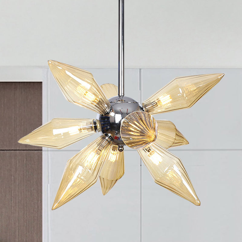 Tapered Pendant Chandelier Modernist Amber Ribbed Glass 9 Heads Dining Room Hanging Light Kit