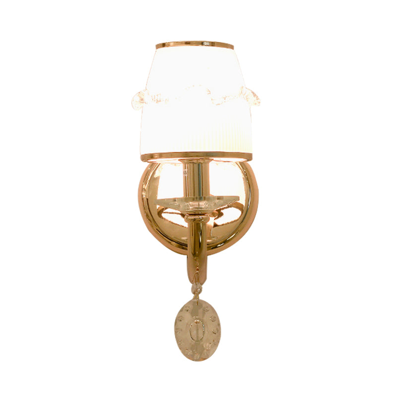 1/2 Bulbs Frosted Glass Sconce Traditionalist Gold Barrel Living Room Wall Mounted Light with Clear Crystal Drop