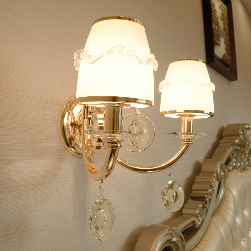 1/2 Bulbs Frosted Glass Sconce Traditionalist Gold Barrel Living Room Wall Mounted Light with Clear Crystal Drop
