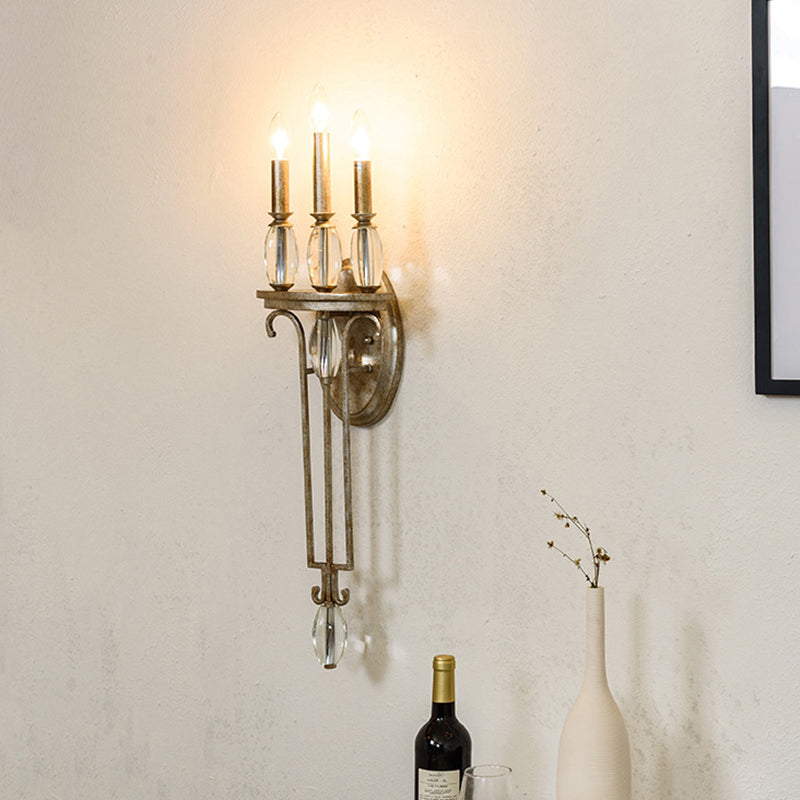 3 Lights Candle Wall Sconce Lighting Rural Antique Silver Clear K9 Crystal LED Wall Light Fixture