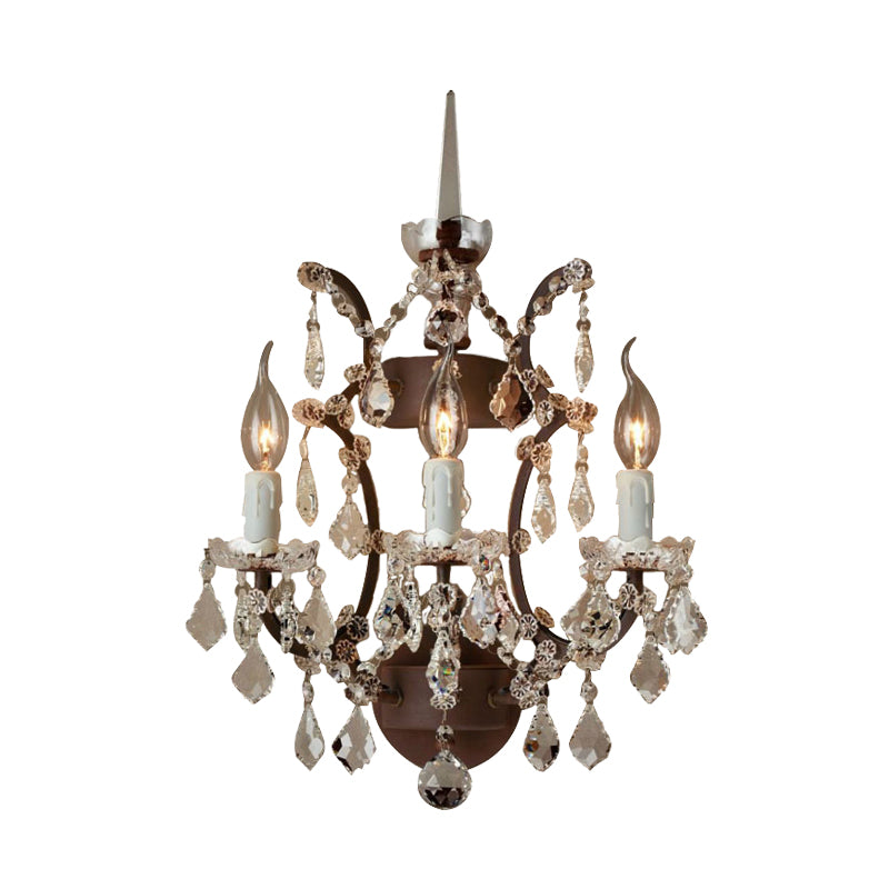 Candle Living Room Sconce Light Rustic Clear Crystal 3 Lights LED Wall Lighting Fixture in Rust
