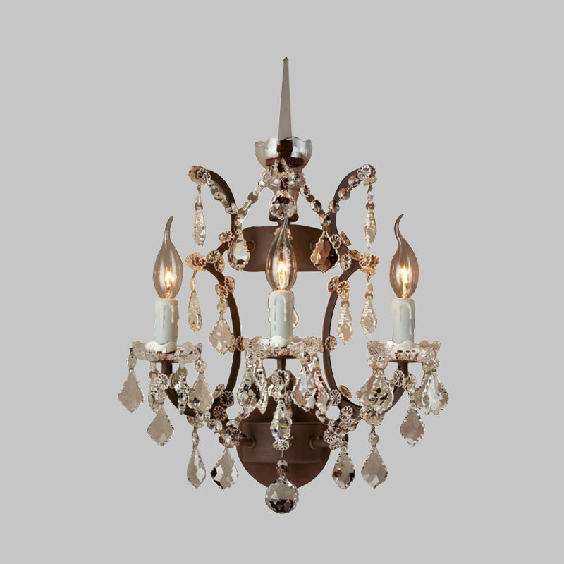Candle Living Room Sconce Light Rustic Clear Crystal 3 Lights LED Wall Lighting Fixture in Rust