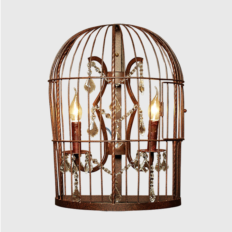Industrial Birdcage Wall Mount Lamp 2 Lights Metal Wall Sconce Lighting in Rust with Dangling Crystal