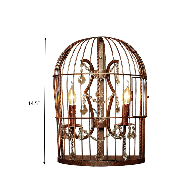 Industrial Birdcage Wall Mount Lamp 2 Lights Metal Wall Sconce Lighting in Rust with Dangling Crystal