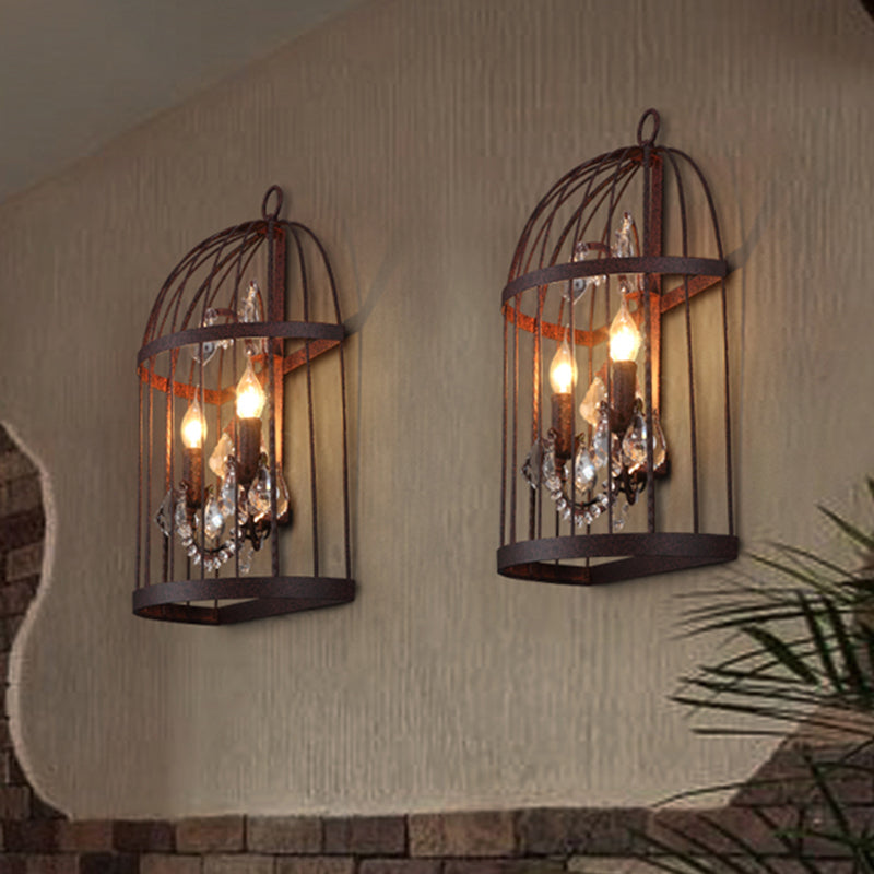 2 Heads Crystal Wall Sconce Industrial Rust Birdcage Living Room Metal Wall Mounted Light