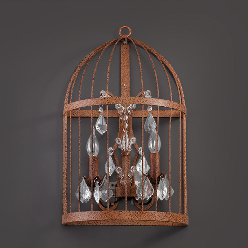 Birdcage Living Room Wall Sconce Industrial Clear Crystal Glass 2 Heads Rust Wall Lighting Fixture