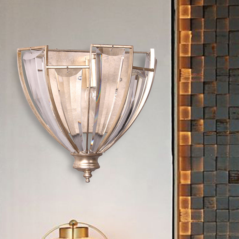 Antique Silver Curved Wall Sconce Modernist 1 Bulb Clear Crystal LED Wall Light Fixture