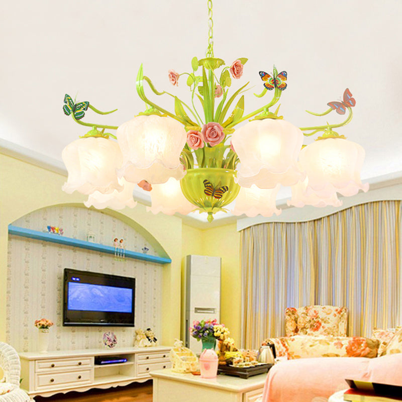 Countryside Flower suspendu Pendant 8 têtes Opal Verre lustre Lighting Fixture en vert pour le salon