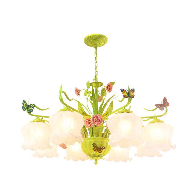 Countryside Flower suspendu Pendant 8 têtes Opal Verre lustre Lighting Fixture en vert pour le salon