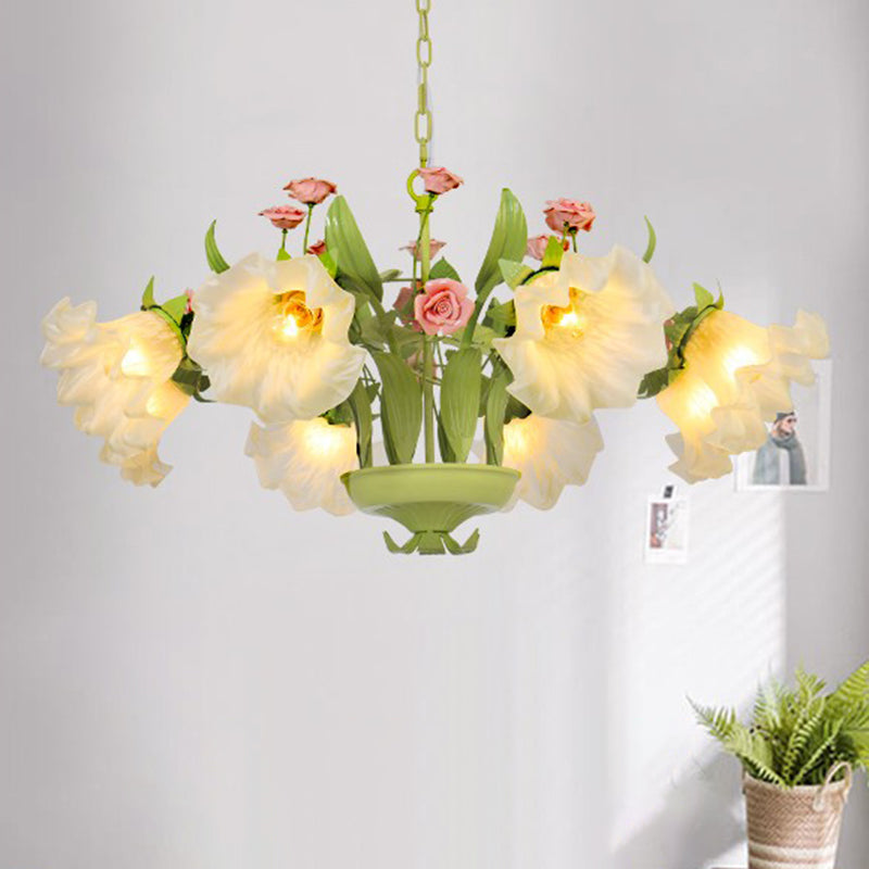 Countryside Flower suspendu suspendu 6/8 têtes d'opale en verre lustre éclairage en vert pour chambre à coucher
