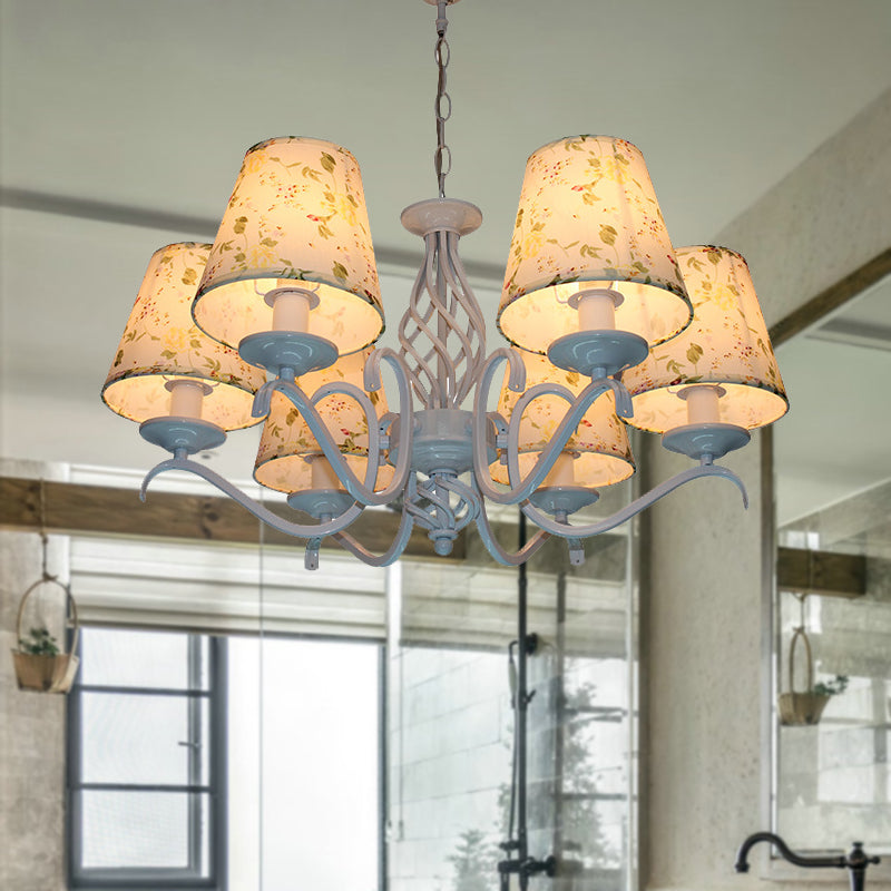 Light Blue 6 Heads Chandelier Light Traditionalism Fabric Conical LED Suspended Lighting Fixture