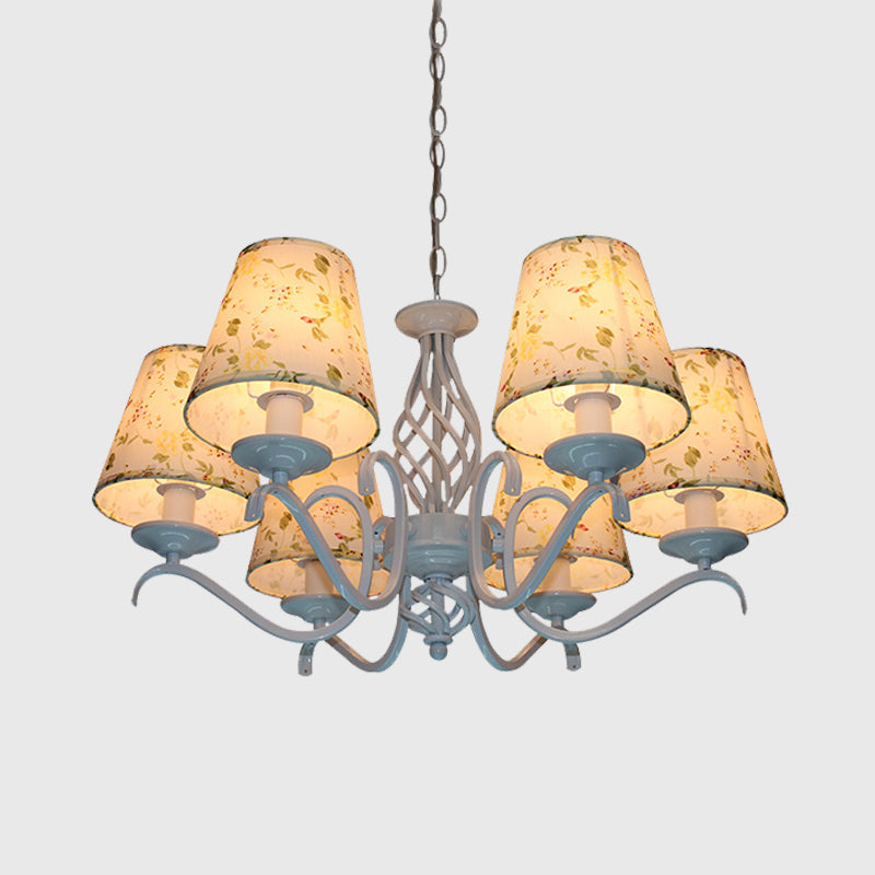 Light Blue 6 Heads Chandelier Light Traditionalism Fabric Conical LED Suspended Lighting Fixture