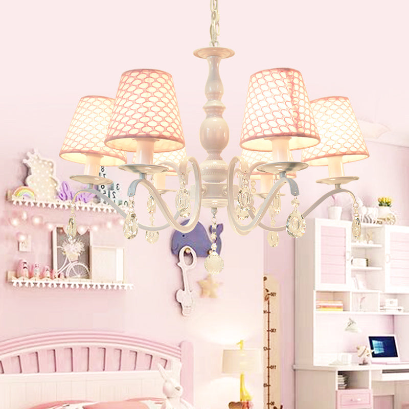 Fabric Pink Hanging Chandelier Tapered 6 Lights Traditional Down Lighting Pendant with Crystal Accent