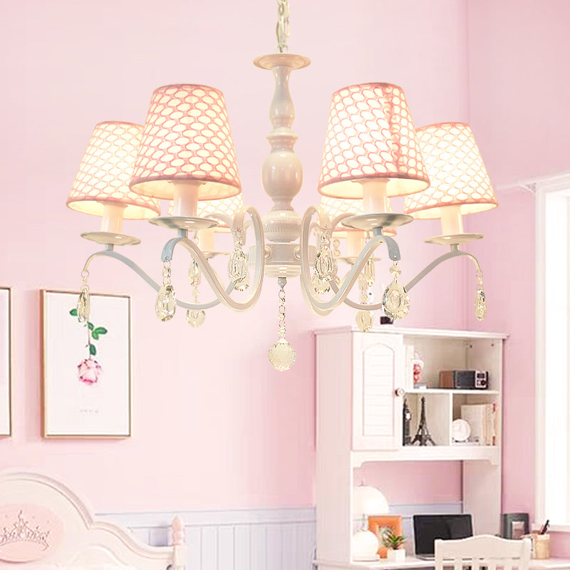 Tela rosa lámpara colgante colgante cónico 6 luces de iluminación tradicional con acento de cristal