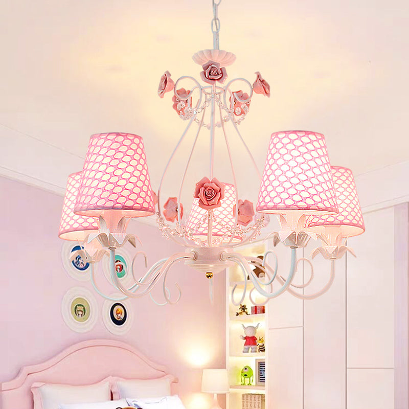 Countryside Barrel Chandelier Lighting Fixture 5 Heads Fabric Pendant Ceiling Light in Pink/White