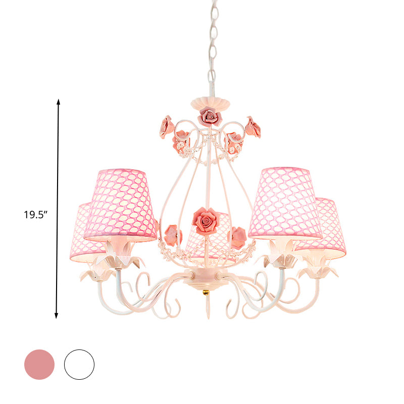 Countryside Barrel Chandelier Lighting Fixture 5 Heads Fabric Pendant Ceiling Light in Pink/White