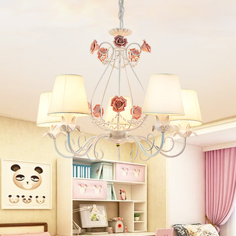 Countryside Barrel Chandelier Lighting Fixture 5 Heads Fabric Pendant Ceiling Light in Pink/White